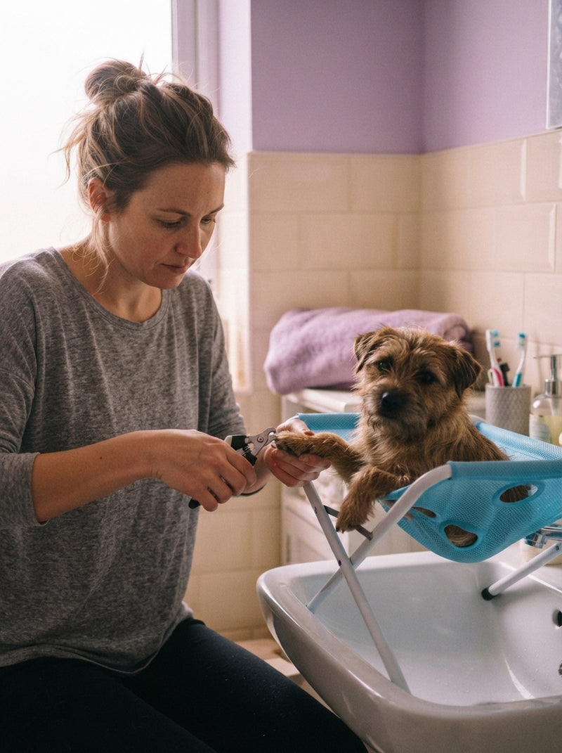 A woman calmly grooming a small dog suspended in a foldable hammock stand in a home bathroom.
