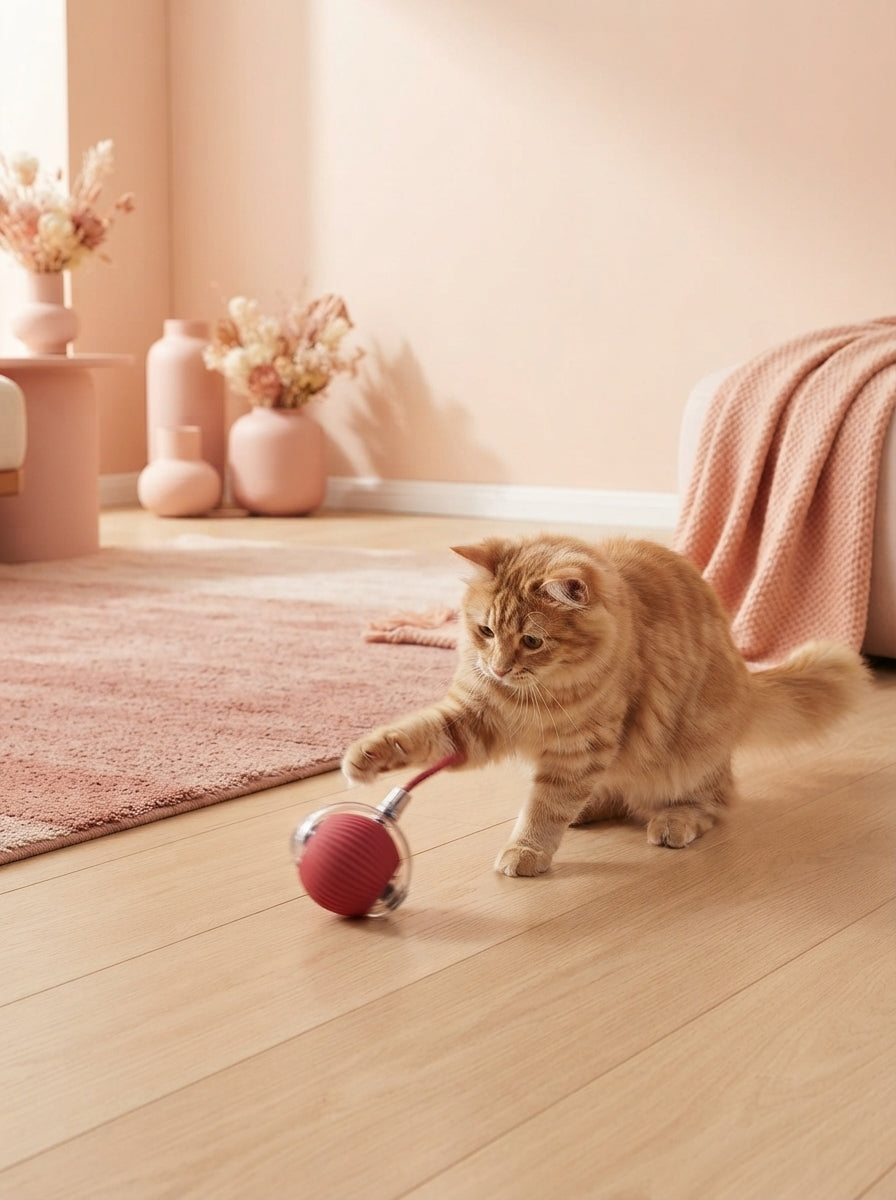 A cat playing with an interactive teaser ball in a modern, sunlit living room with soft peach and rose decor.