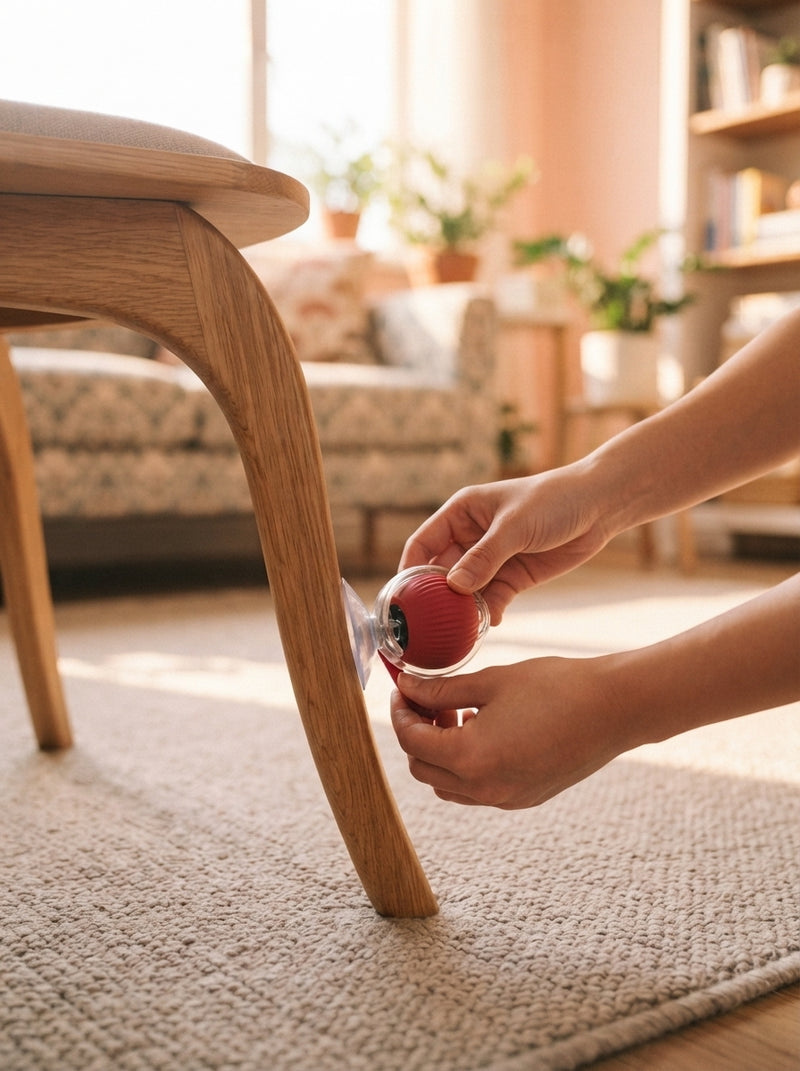 A person attaching a cat teaser ball toy to a wooden chair leg in a bright living room.