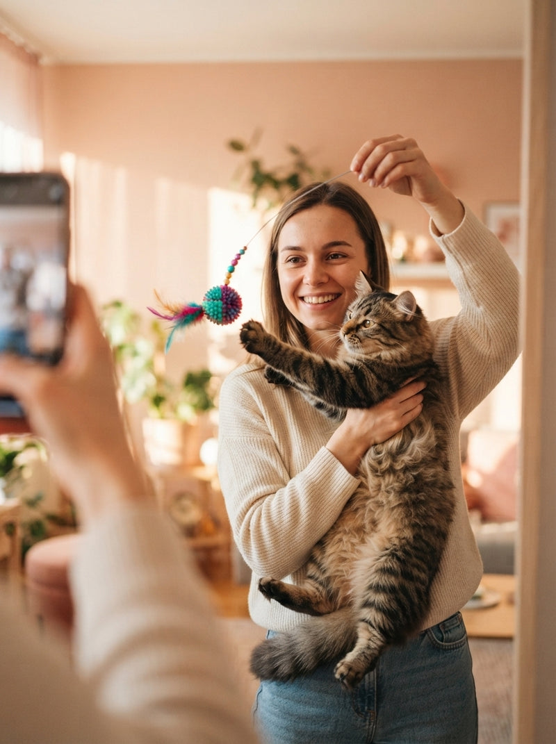 A happy pet owner taking a mirror selfie with their cat playing with a small interactive ball toy in a sunlit home.